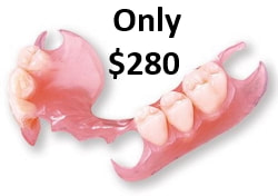 Upper affordable flexible denture, flipper, removable denture, upper partial, lower partial, low price flexible dentures, low price dental lab, flexible partials, order online dentures